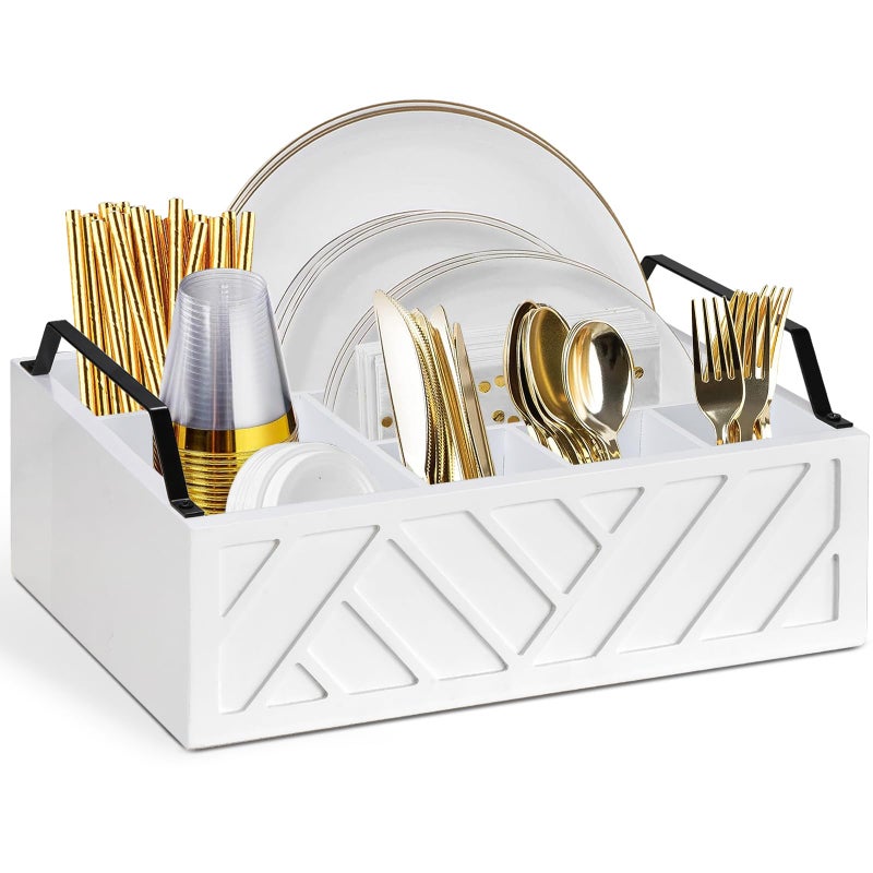 Ukonvi Paper Plate Dispenser and Holder for Kitchen Counter, Wood Rustic Silverware Utensil Caddy, Cutlery Flatware Organizer Box for Cups Spoons Forks Napkins, Kitchen Accessories - Image 1