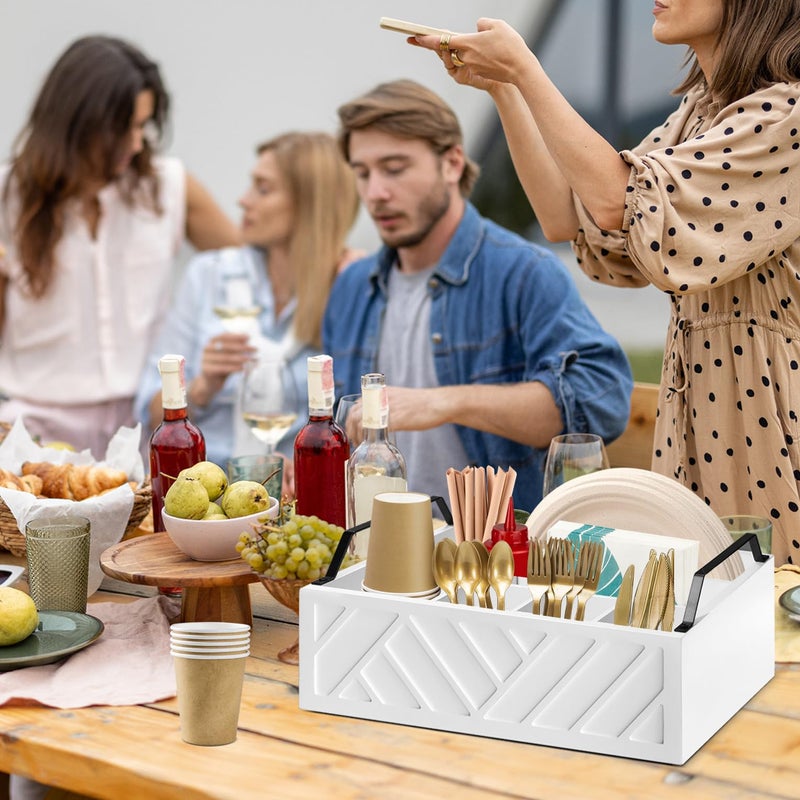 Ukonvi Paper Plate Dispenser and Holder for Kitchen Counter, Wood Rustic Silverware Utensil Caddy, Cutlery Flatware Organizer Box for Cups Spoons Forks Napkins, Kitchen Accessories - Image 5