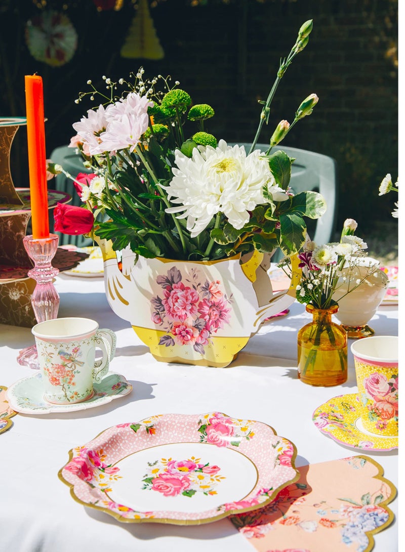 Excefore 24 قطعة من أدوات المائدة القابلة للاستخدام لمرة واحدة شاي بعد الظهر الأطباق الورقية المزخرفة بالزهور لأطباق الحلويات والسلطات للحفلات الراقية وحفلات الزفاف - خاص لحفلة الزفاف - Image 4