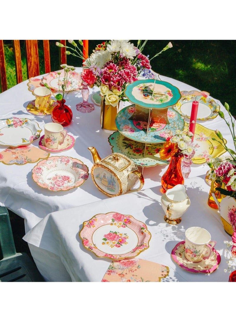 Excefore 24 قطعة من أدوات المائدة القابلة للاستخدام لمرة واحدة شاي بعد الظهر الأطباق الورقية المزخرفة بالزهور لأطباق الحلويات والسلطات للحفلات الراقية وحفلات الزفاف - خاص لحفلة الزفاف - Image 3