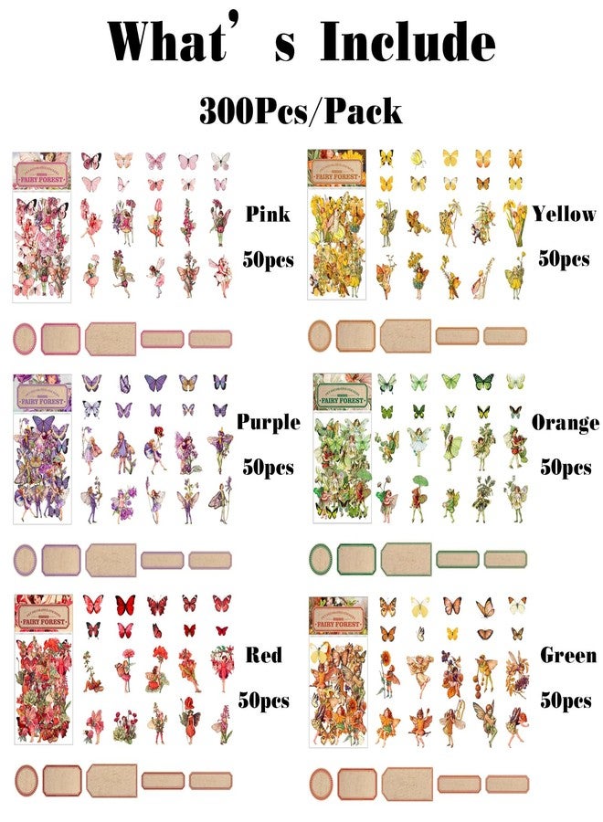 SIBLYMONA Vintage Fairy Stickers Pack, Floral Butterfly Transparent Stickers for Scrapbooking Junk Journal, 300Pcs 6Colors Craft Supplies (A+B) - Image 2