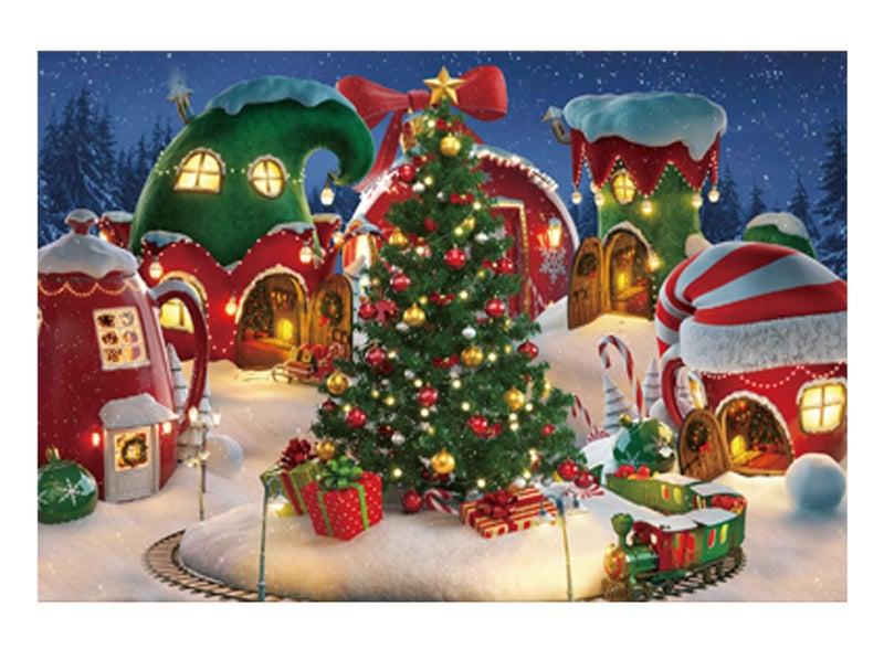 Funnytree 7x5FT Cartoon Christmas Village Photography Backdrop Winter Snow Pine Tree Background Xmas Fairy Tale Animated Kid Party Photo Booth Banner Supplies