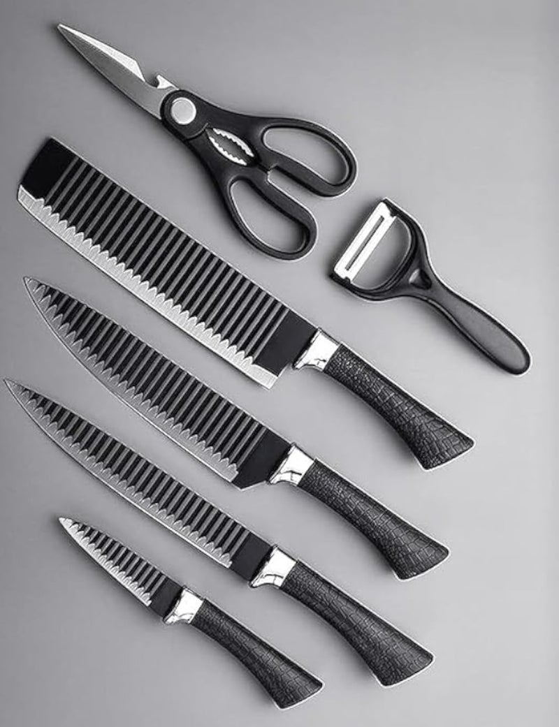 6 Pcs Kitchen Knives Set Non Stick Lightweight Kitchen Knives with Ergonomic Handle Includes Chef Knife, Slicing Knife, Fine Cutter, Paring Knife, Vegetable Peeler, Scissors_Black
