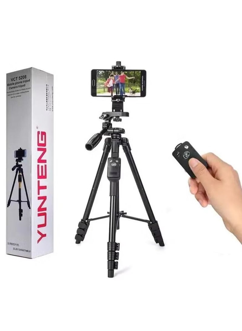 Yunteng VCT-5208 Portable Tripod Stand with Remote Shutter – Adjustable Height, Lightweight, Ideal for Smartphones & Cameras, 360° Rotation, Stable Support for Photos & Videos – Black  - Image 1