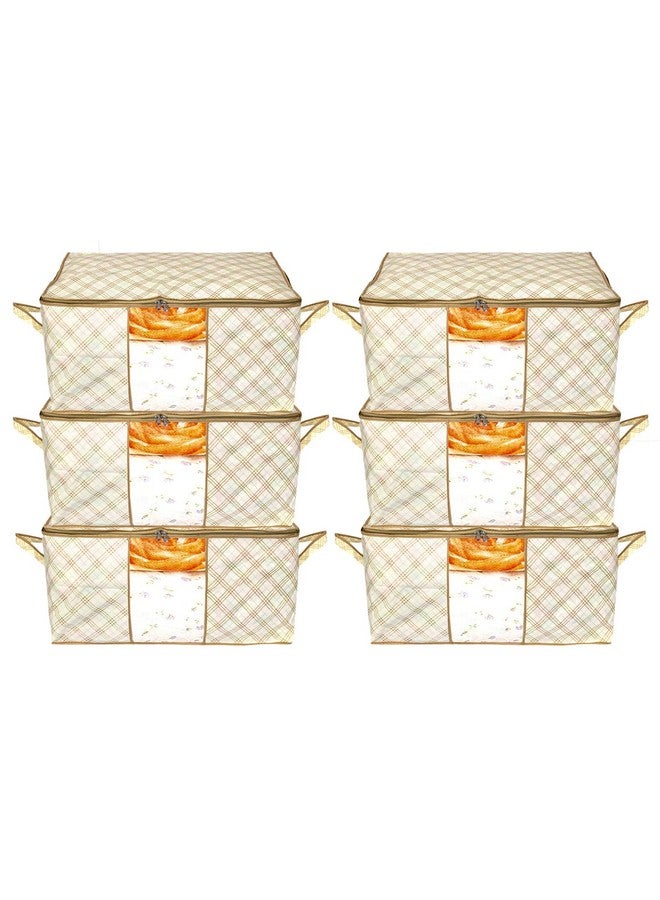 Kuber Industries Kuber Industries Metalic Checkered Print Foldable Clothes Storage Bag Wardrobe Organizer Non Woven Fabric for Comforters,Blankets,Bedding with Sturdy Zipper,Clear Window (Set of 6,Ivory)-KUBMART16590 - Image 1