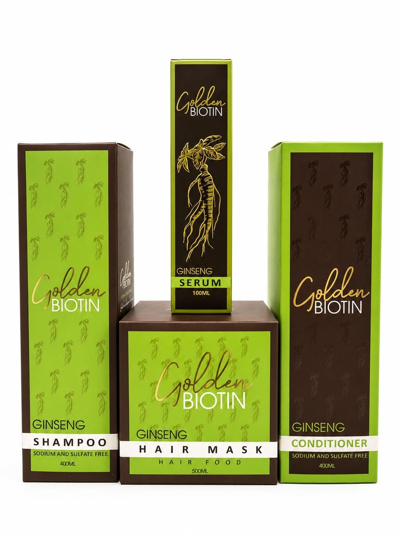 Golden Biotin Ginseng Hair Care Set – Shampoo, Conditioner, Hair Mask & Ginseng Serum for Stronger, Healthier Hair