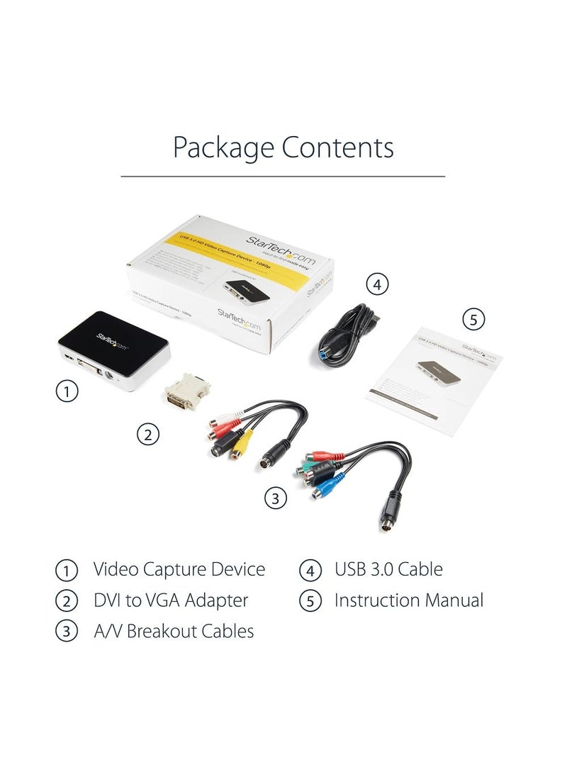 StarTech.com HDMI Video Capture Device - 1080p - 60fps Capture Card - USB Video Recorder - with HDMI DVI VGA, TAA (USB3HDCAP)