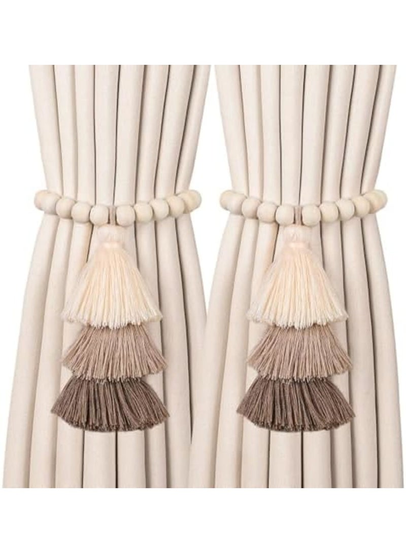 SYOSI Magnetic Curtain Tiebacks with 3-Tier Tassel, 2 Pack Wood Bead Curtain Holdbacks, No Drill, Boho Decorative Curtain Holders for Bedroom, Nursery, Living Room Drapes - Image 1