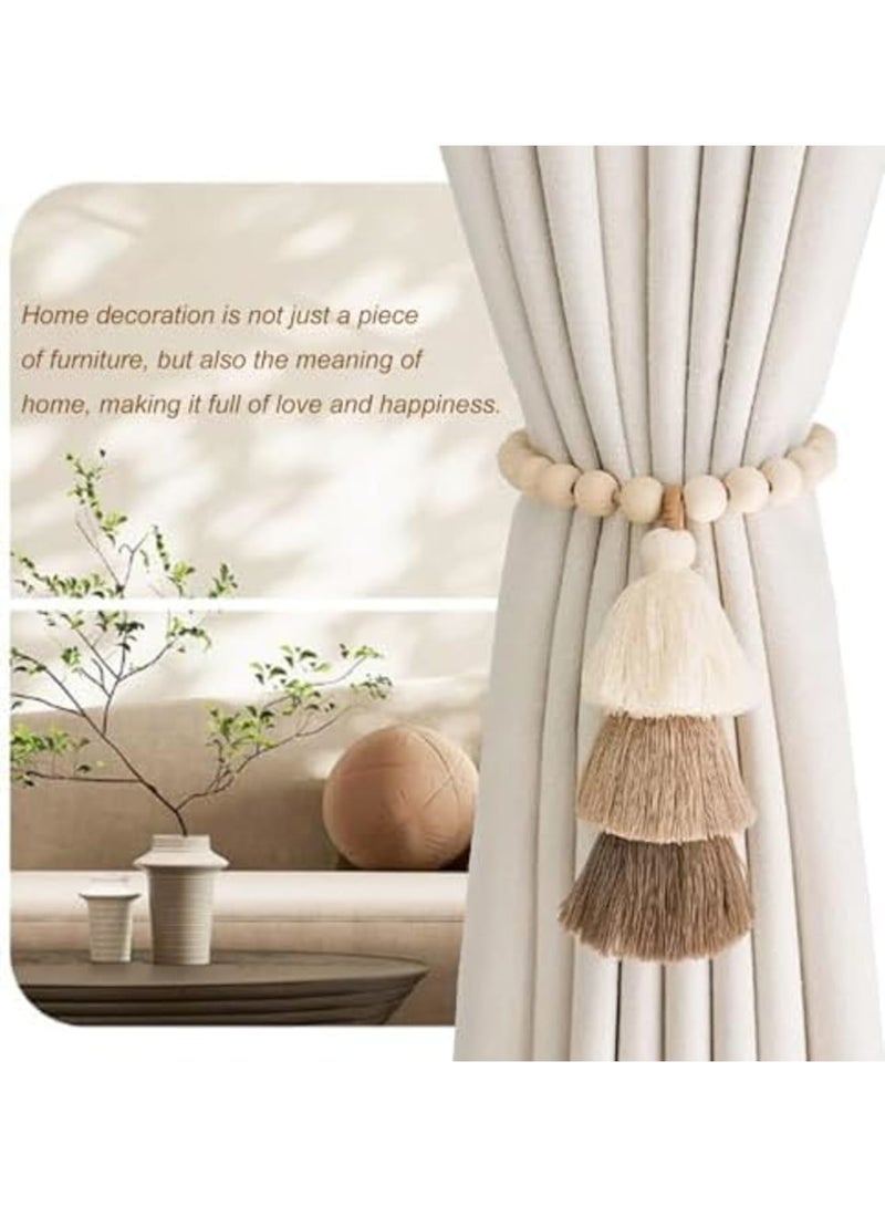 SYOSI Magnetic Curtain Tiebacks with 3-Tier Tassel, 2 Pack Wood Bead Curtain Holdbacks, No Drill, Boho Decorative Curtain Holders for Bedroom, Nursery, Living Room Drapes - Image 2