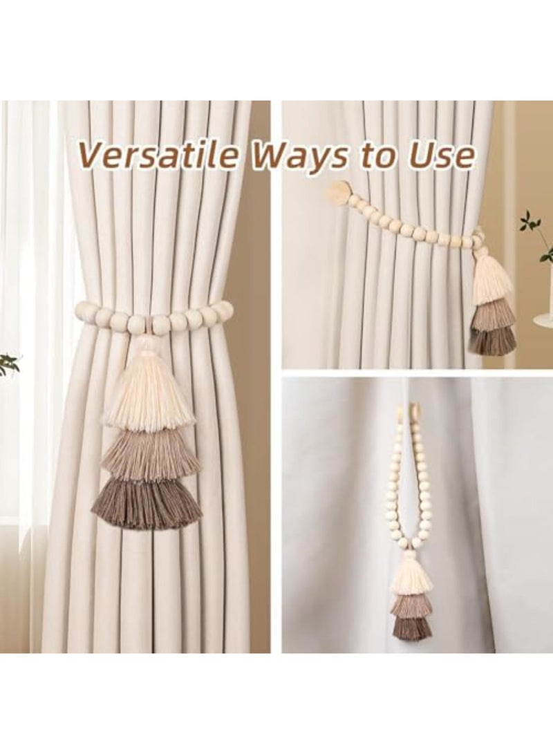 SYOSI Magnetic Curtain Tiebacks with 3-Tier Tassel, 2 Pack Wood Bead Curtain Holdbacks, No Drill, Boho Decorative Curtain Holders for Bedroom, Nursery, Living Room Drapes - Image 4
