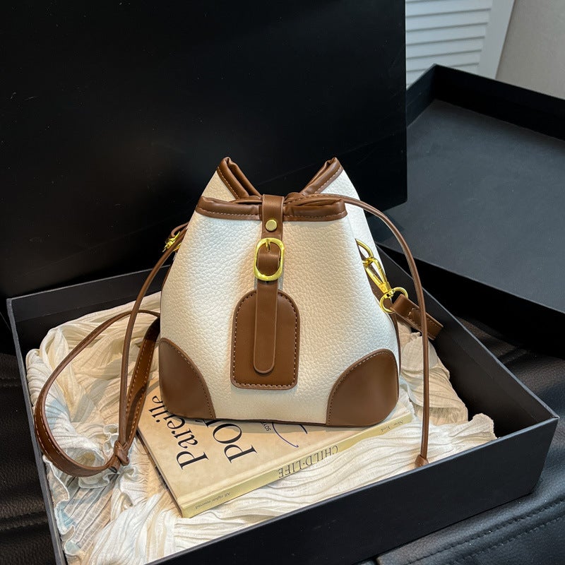 Trendy Popular Women'S Bags Korean Fashion Versatile Color-Blocking Textured Bucket Bag High-End Crossbody Bag - Image 4
