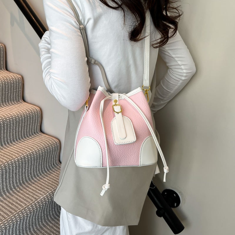 Trendy Popular Women'S Bags Korean Fashion Versatile Color-Blocking Textured Bucket Bag High-End Crossbody Bag - Image 2