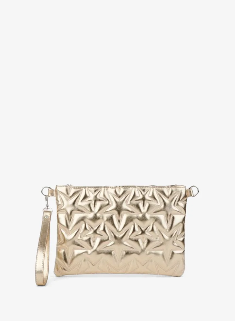 Women's Yellow Star Embroidered Patent Leather Wrist and Chain Strap Portfolio Hand and Clutch Bag.