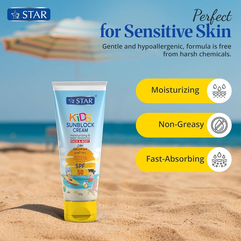سز ستار كريم واقي من الشمس للأطفال، SPF 50 - (الأكثر أمانًا للأطفال) كريم واقي من الشمس للوجه والجسم خفيف الاستخدام، يحتوي على أكسيد الزنك وثاني أكسيد التيتانيوم وفيتامين E - كريم واقي من الشمس مرطب وغير لزج ومقاوم للماء، مناسب للأطفال (100 جرام) - Image 5