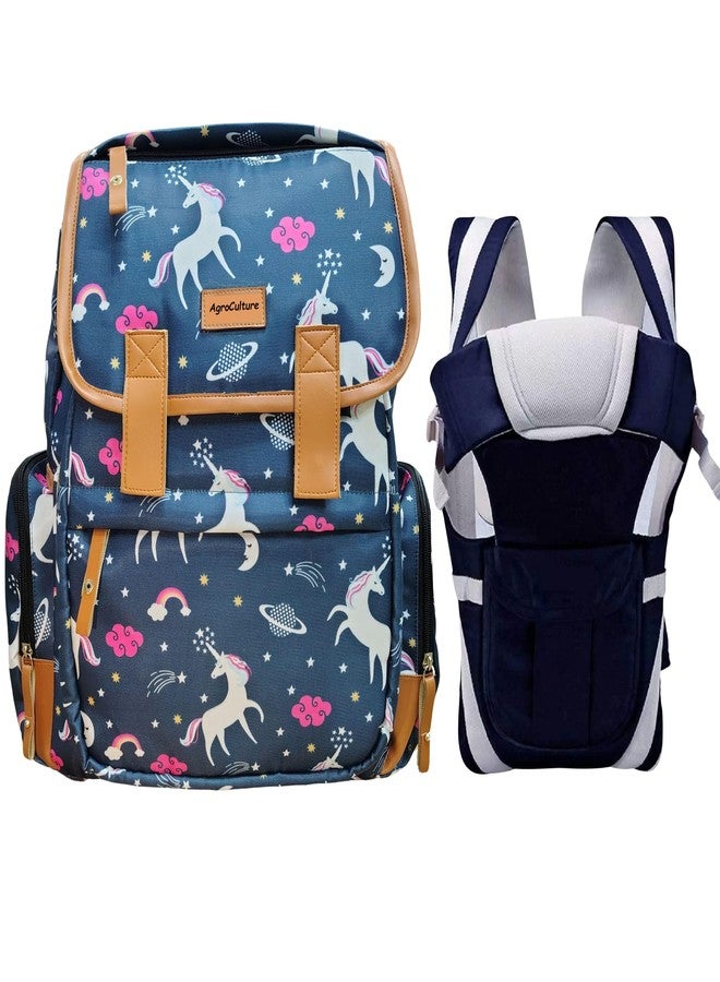 AgroCulture Diaper Backpack cum Laptop bag for kids and Working parents + Baby Carrier (Navy Blue, Unicorn) Baby Diaper Organiser Bag Travelling Bag (Navy Blue) - Image 1