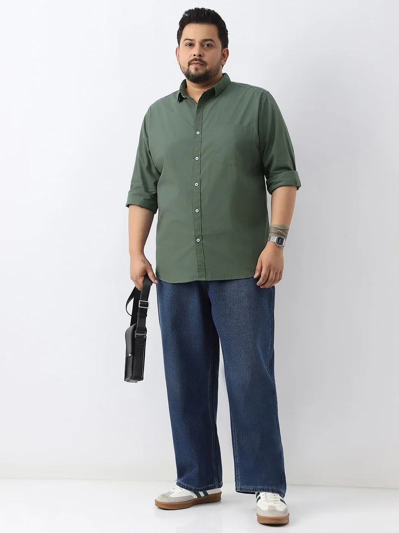 Urbano Fashion  Urbano Plus Men's Sage Green Cotton Full Sleeve Regular Fit Casual Solid Shirt  | Best Price UAE