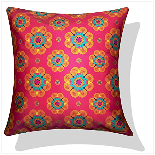 Vendola Decorative Satin Sofa Cushion Covers Set of 5, 24 Inch x 24 Inch, Sofa Pillow Cover, Ethnic Festive, Yellow, Blue & Multicolor, Rangoli Rajasthani Design Zipper Closure (Amber, 24X24 Inches) - Image 2