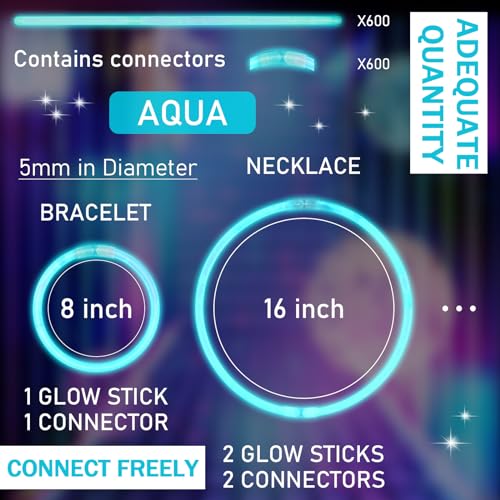 Hanaive 300 Pcs Glow Sticks Bulk 8 Inch Glow in The Dark Party Favors Neon Bracelet and Necklace Light up Sticks with Connectors for Anniversary Birthday Party SupplyAqua - Image 5