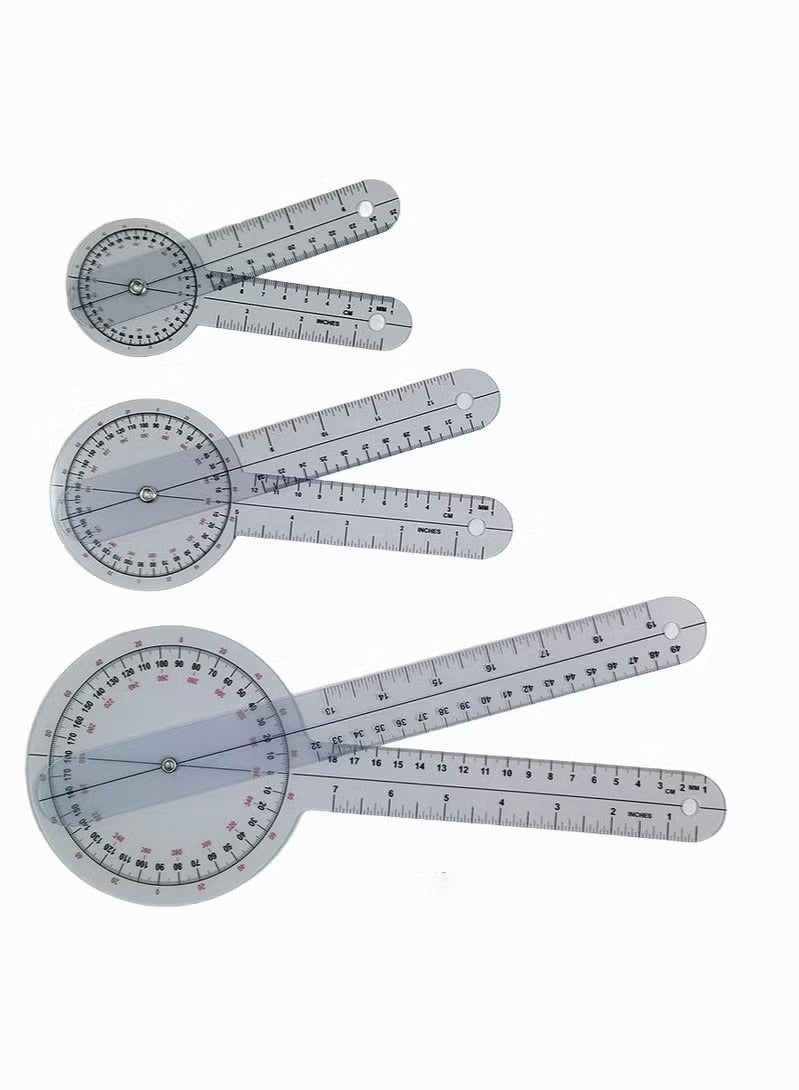 مقياس الزوايا الشفاف مسطرة القياس الخطي حاكم زاوية العظام البلاستيك Goniometer 360 درجة للجسم شريط قياس Goniometer منقلة الحاكم 3 حزمة - Image 1