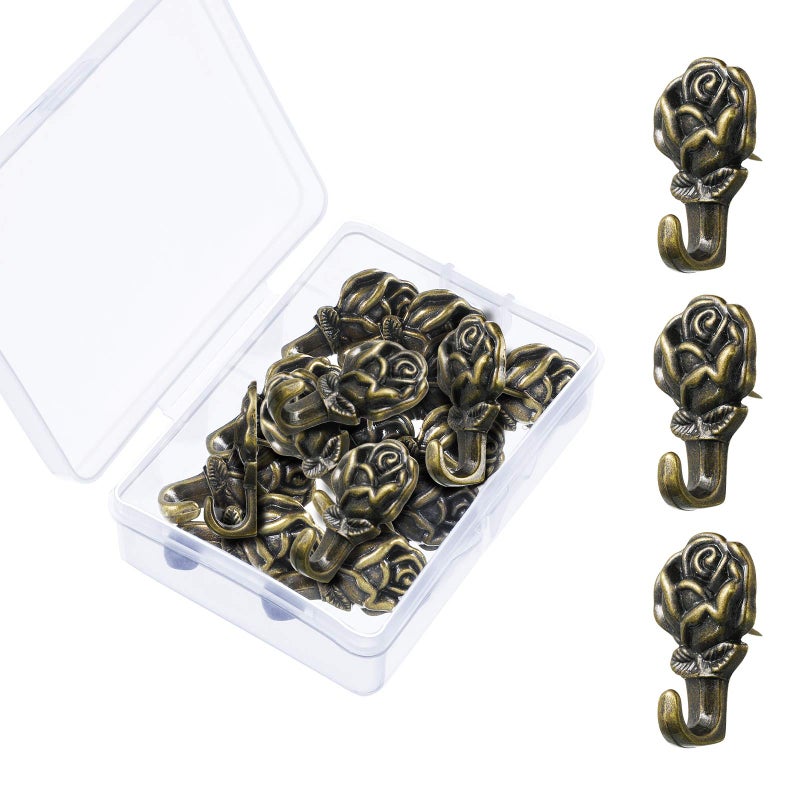 20 Pieces Push Pin Hangers Plant Shape Pin Hook Hanger Zinc Alloy Picture Bronze Wall HooksRose