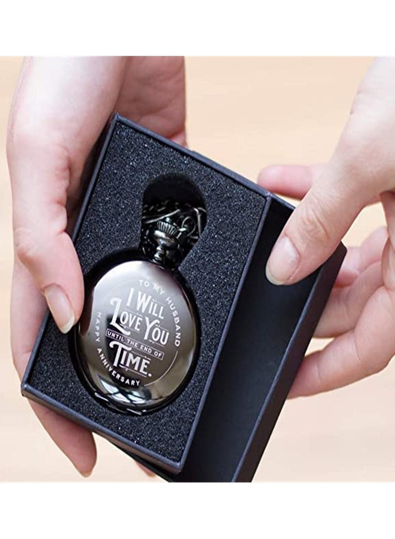 هدية ذكرى زواج للرجال للزوج - ساعات جيب منقوشة مذهلة للرجال - هدية ذكرى زواج له - تتضمن سلسلة وصندوق هدايا - فضي، فولاذ - Image 5