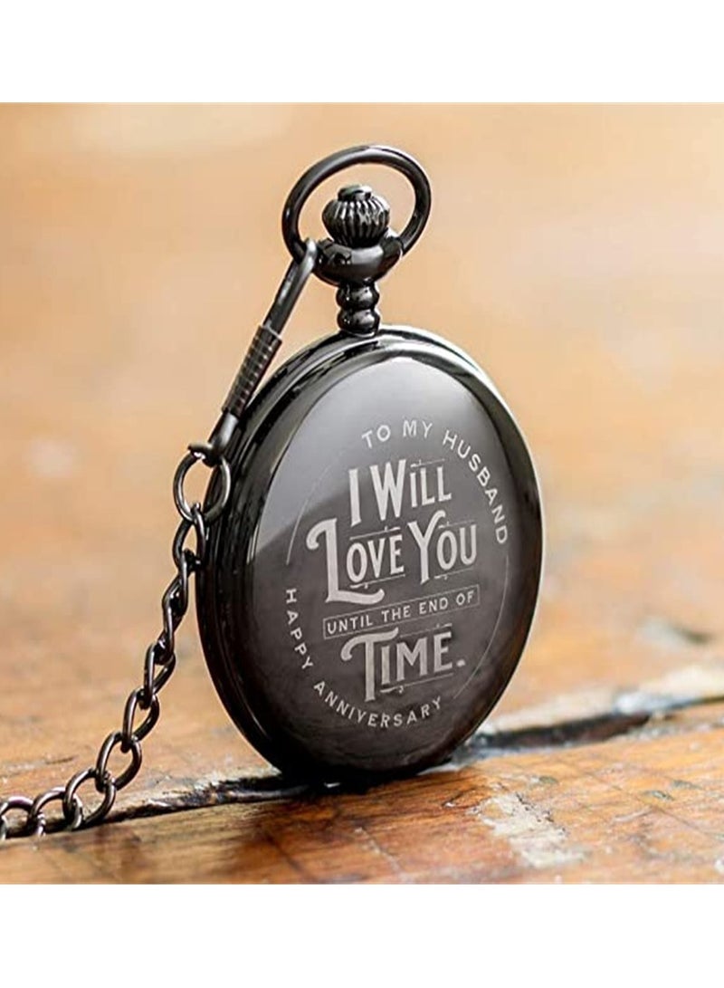 هدية ذكرى زواج للرجال للزوج - ساعات جيب منقوشة مذهلة للرجال - هدية ذكرى زواج له - تتضمن سلسلة وصندوق هدايا - فضي، فولاذ - Image 4