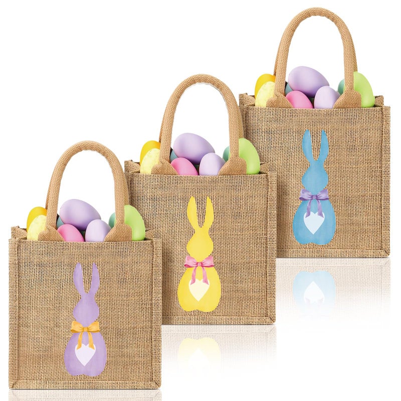SilTriangle 3 Pcs Easter Burlap Bags Bunny Easter Basket Essentials Spring Egg Hunts Candy Gift Tote Bag for Kids Boys Girls Eggs Candy Hunting Carrying Daily Use Classic Colors - Image 2