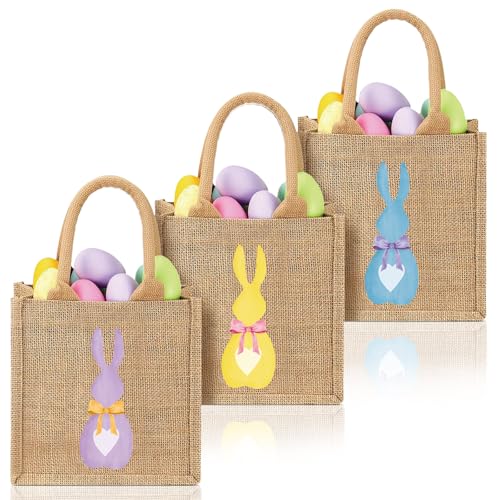 SilTriangle 3 Pcs Easter Burlap Bags Bunny Easter Basket Essentials Spring Egg Hunts Candy Gift Tote Bag for Kids Boys Girls Eggs Candy Hunting Carrying Daily Use Classic Colors - Image 1