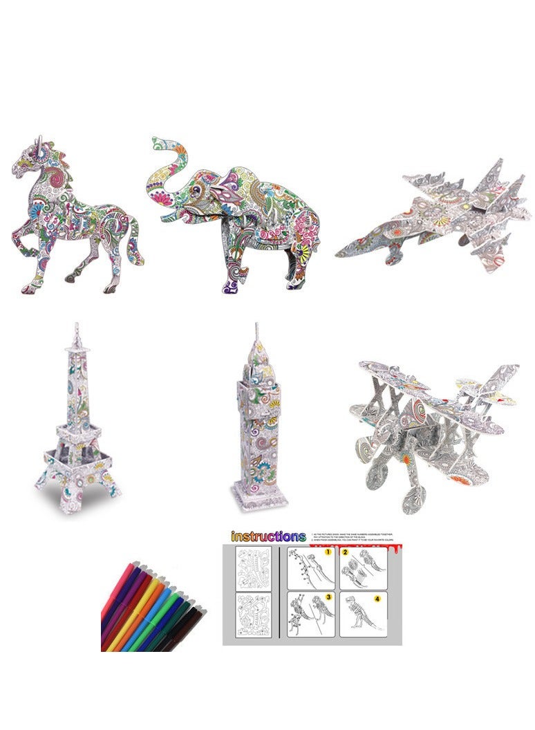 3D Coloring Puzzle DIY Painted Graffiti Model Toy 6 Pieces Set - Image 1