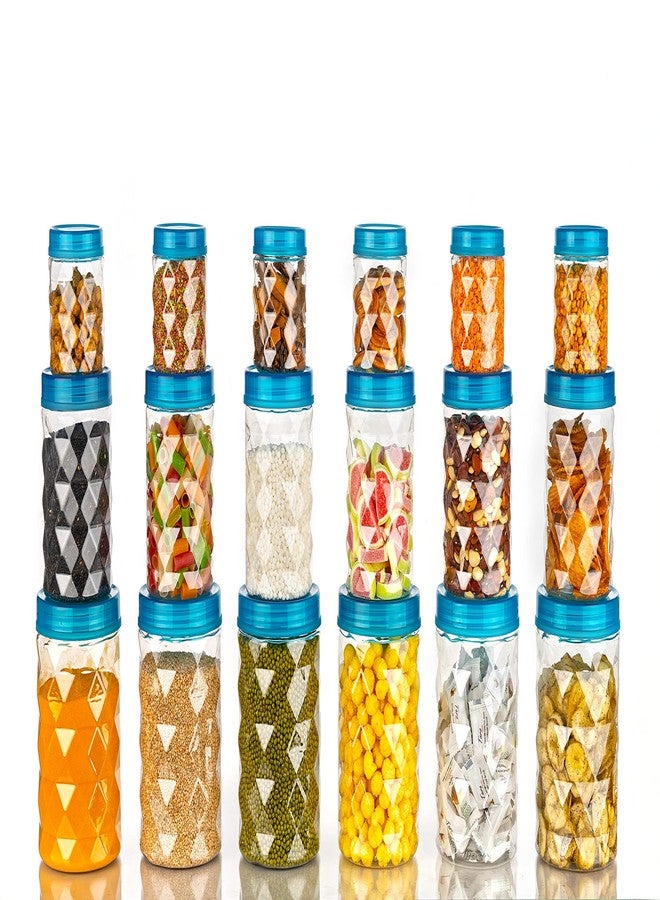 Tosaa Plastic Pet Storage Jar and Container Set of 18 (6 x 350ml, 6 x 650ml, 6 x 1.20ltrs), Blue | Air Tight | Kitchen Organiser | BPA Free | Stackable - Image 1
