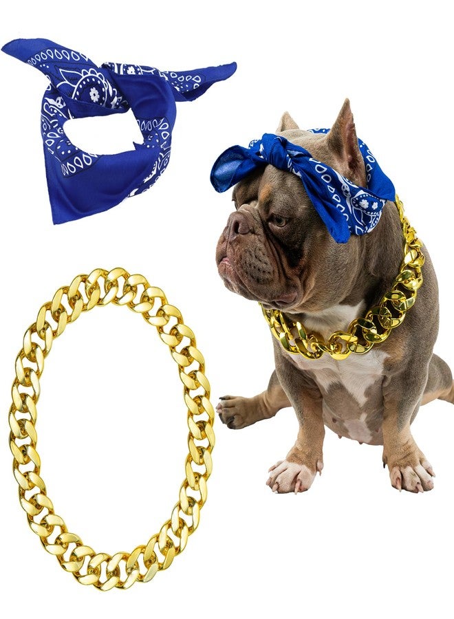 Wodison 2Pack Dog Costume Set, Adjustable Gold Plated Dog Chain Collar and Headband Hip Hop Square Satin Head Scarf Head Cover Apparel Party Costume Cosplay Accessories for Medium Large Dogs(Blue) - Image 1