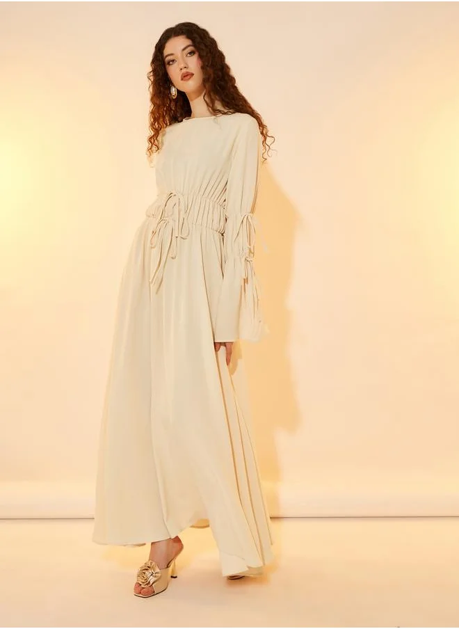 Take Two Solid Tie-Up Detail Bell Sleeves A-Line Maxi Dress