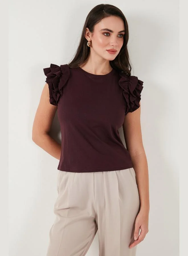 Lela Lela Cotton Ruffled Sleeves Slim Fit Crew Neck T Shirt Women's T-SHIRT 5864500