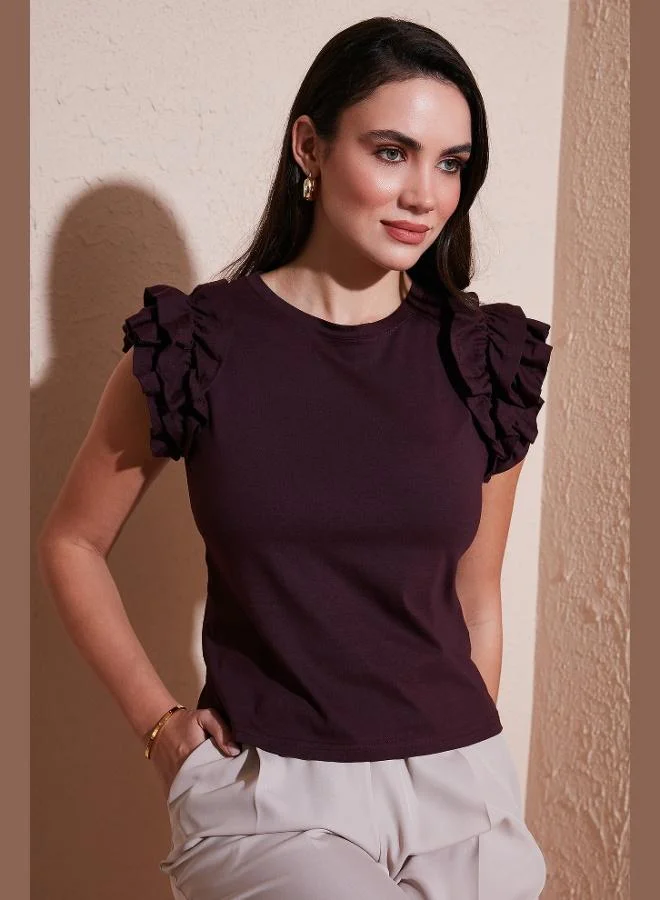 Lela Lela Cotton Ruffled Sleeves Slim Fit Crew Neck T Shirt Women's T-SHIRT 5864500