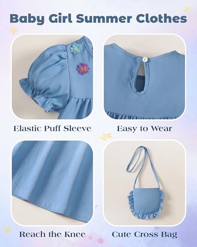 Yhnslsf 5t Dresses for Girls 4t Dress Casual Puff Sleeve Ruffle Dress for Toddler Girl Summer Essential 2Piece Sets Colorful Embroidery Flower Button Blue Holiday School Sundress with Cute Cross Bag - Image 4