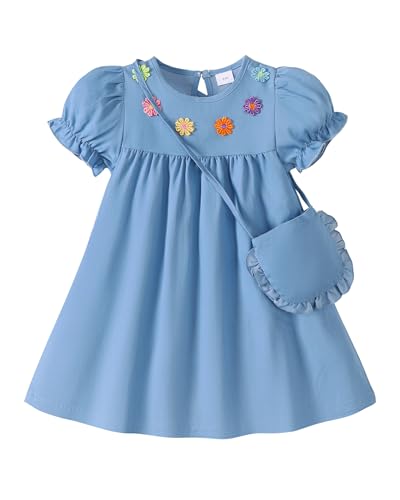 Yhnslsf 5t Dresses for Girls 4t Dress Casual Puff Sleeve Ruffle Dress for Toddler Girl Summer Essential 2Piece Sets Colorful Embroidery Flower Button Blue Holiday School Sundress with Cute Cross Bag - Image 1
