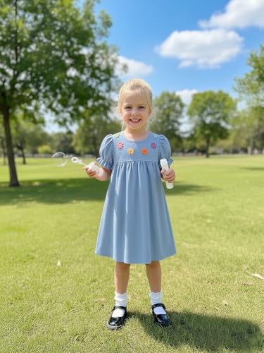 Yhnslsf 5t Dresses for Girls 4t Dress Casual Puff Sleeve Ruffle Dress for Toddler Girl Summer Essential 2Piece Sets Colorful Embroidery Flower Button Blue Holiday School Sundress with Cute Cross Bag - Image 2