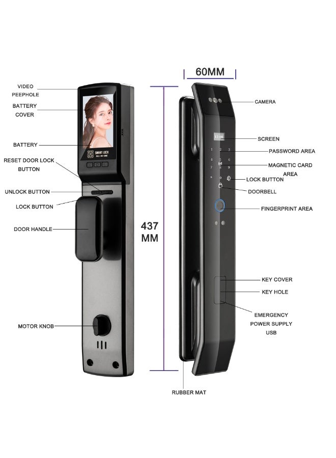 Smart WiFi Door Lock with 3D Face Unlock Fingerprint Access Keyless Entry IC Card Password App Control Voice Assistant Compatible Modern Aluminum Alloy Design for Wood and Steel Door, 6068 Lock Cylinder - Image 4