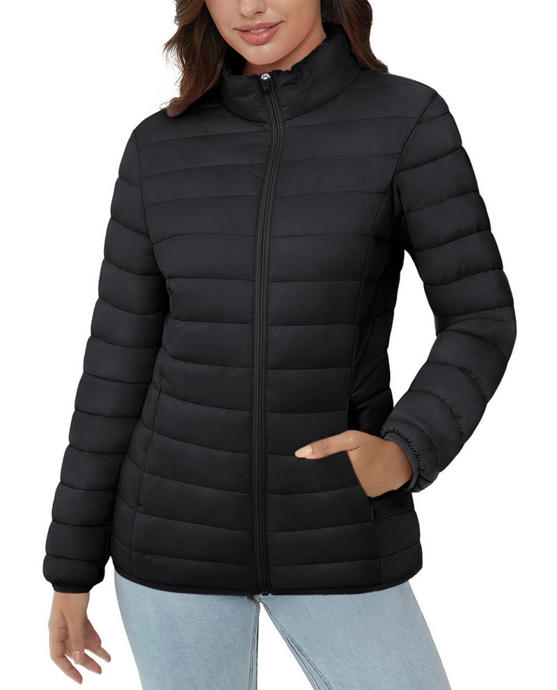 MAGCOMSEN Black Puffer Quilted Jacket for Women Ultralight 4 Pockets Long Sleeve Fullzip Padded Coat Winter Black M