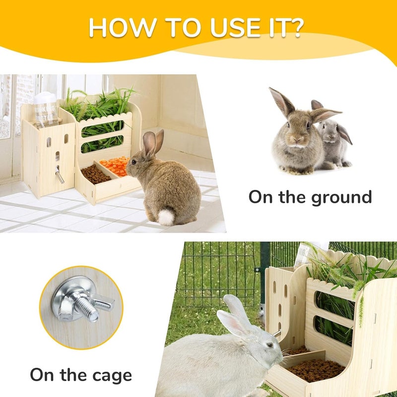 KASTWAVE Wooden Small Animal Hay Feeder with Water Bottle and Food Divider – Durable Bunny, Hamster & Chinchilla Hay Holder, Easy to Clean, Chew-Proof Feeder for Healthy Pets - Image 2