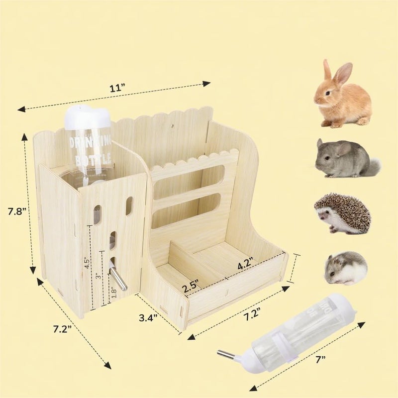 KASTWAVE Wooden Small Animal Hay Feeder with Water Bottle and Food Divider – Durable Bunny, Hamster & Chinchilla Hay Holder, Easy to Clean, Chew-Proof Feeder for Healthy Pets - Image 3