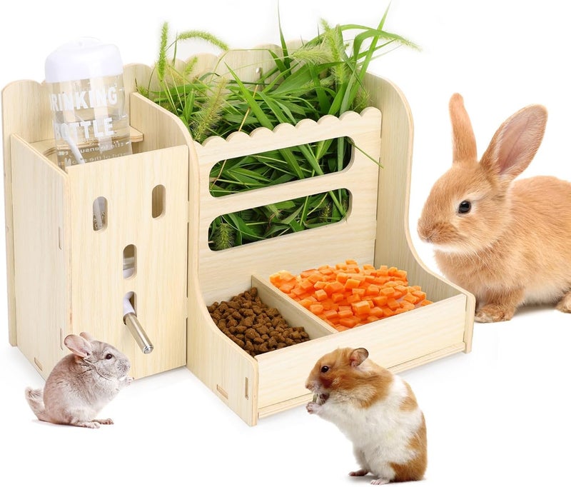 KASTWAVE Wooden Small Animal Hay Feeder with Water Bottle and Food Divider – Durable Bunny, Hamster & Chinchilla Hay Holder, Easy to Clean, Chew-Proof Feeder for Healthy Pets - Image 1