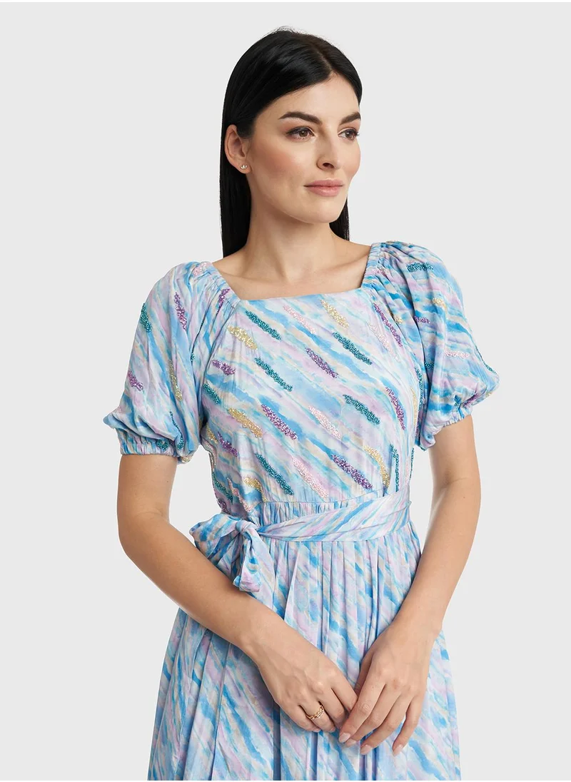 كشخة Water color wide elastic shoulder Viscose Dress
