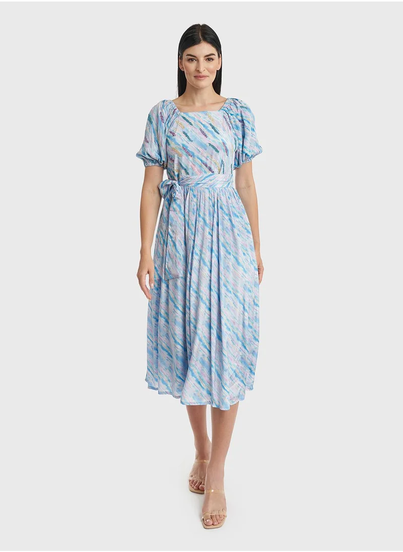 كشخة Water color wide elastic shoulder Viscose Dress