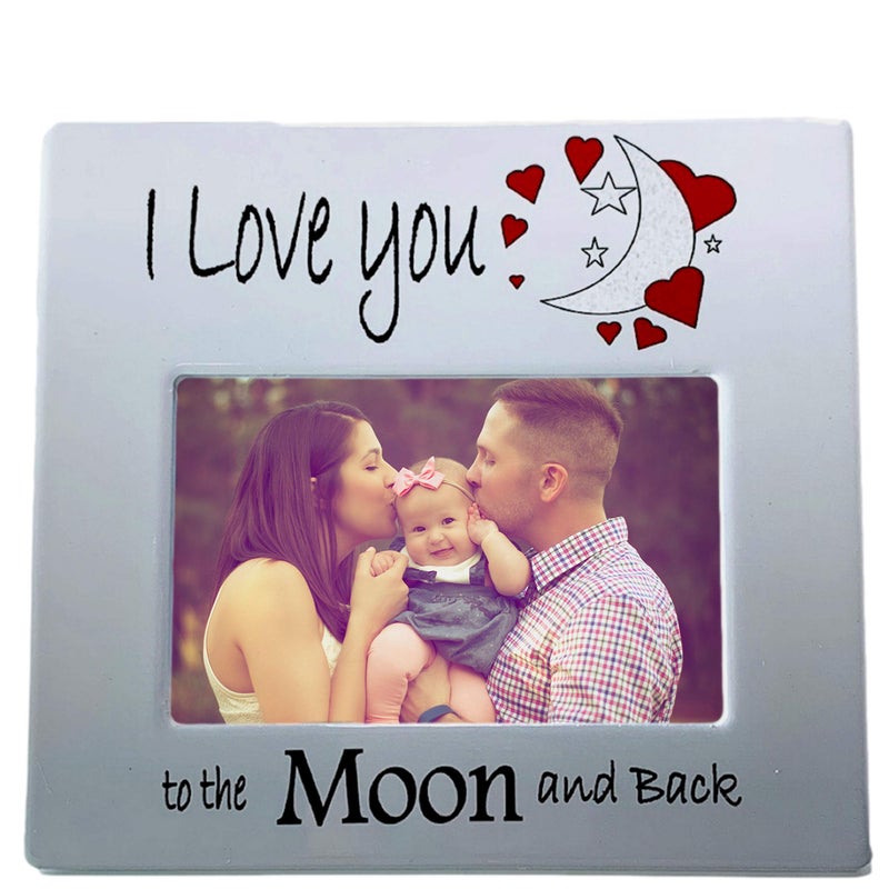 BANBERRY DESIGNS I Love You to the Moon and Back Picture Frame  Ceramic Photo Frame with Heart and Moon Motif  Holds 4 x 6 Photo  8 W x 725 H  Romantic Love Gift for Wife Baby or Family