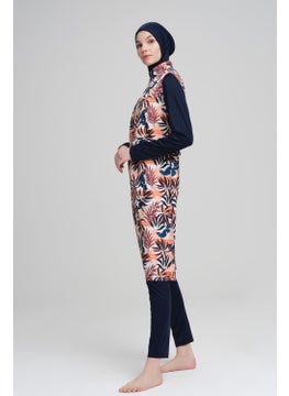 Nehar Leaf Patterned Navy Blue Vest 3 Piece Hijab Swimsuit Set 2223  - Image 3