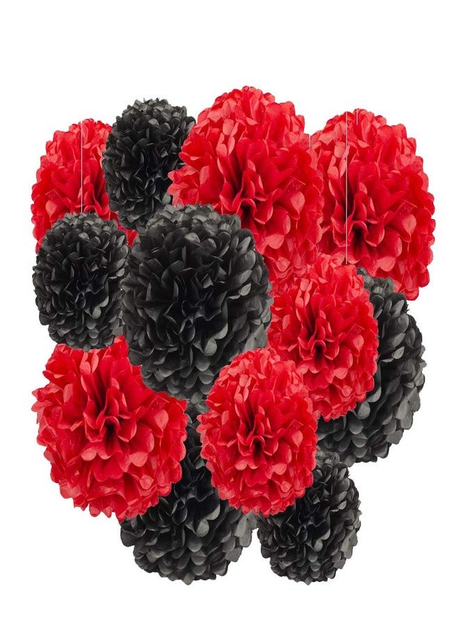 Aimto 12pcs Black and Red Hanging Tissue Paper Pom Poms Decorations for Party Ceiling Wall Tissue Flowers Decorations - 2 Colors of 12 Inch, 10 Inch - Image 1