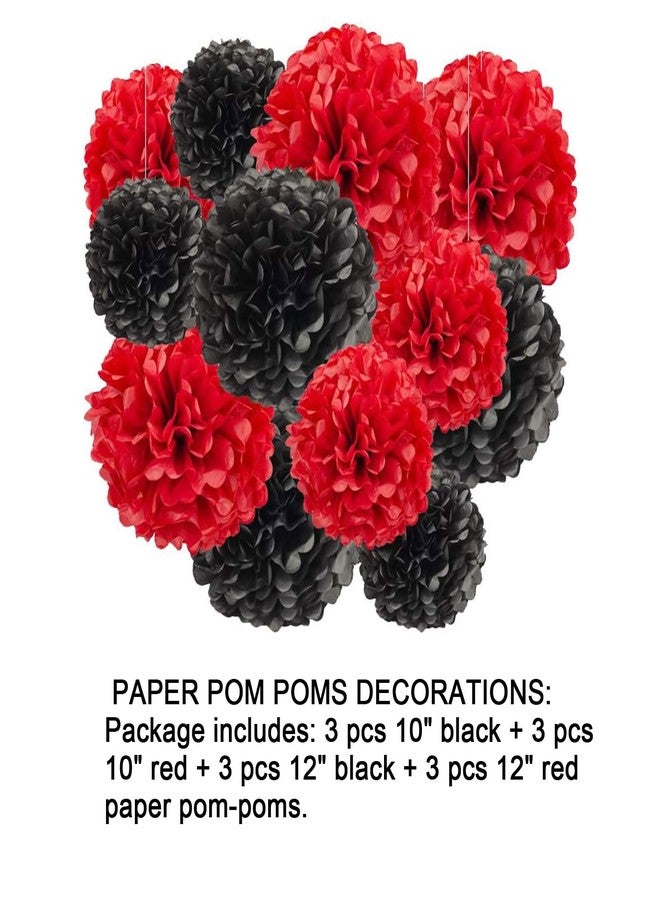 Aimto 12pcs Black and Red Hanging Tissue Paper Pom Poms Decorations for Party Ceiling Wall Tissue Flowers Decorations - 2 Colors of 12 Inch, 10 Inch - Image 2
