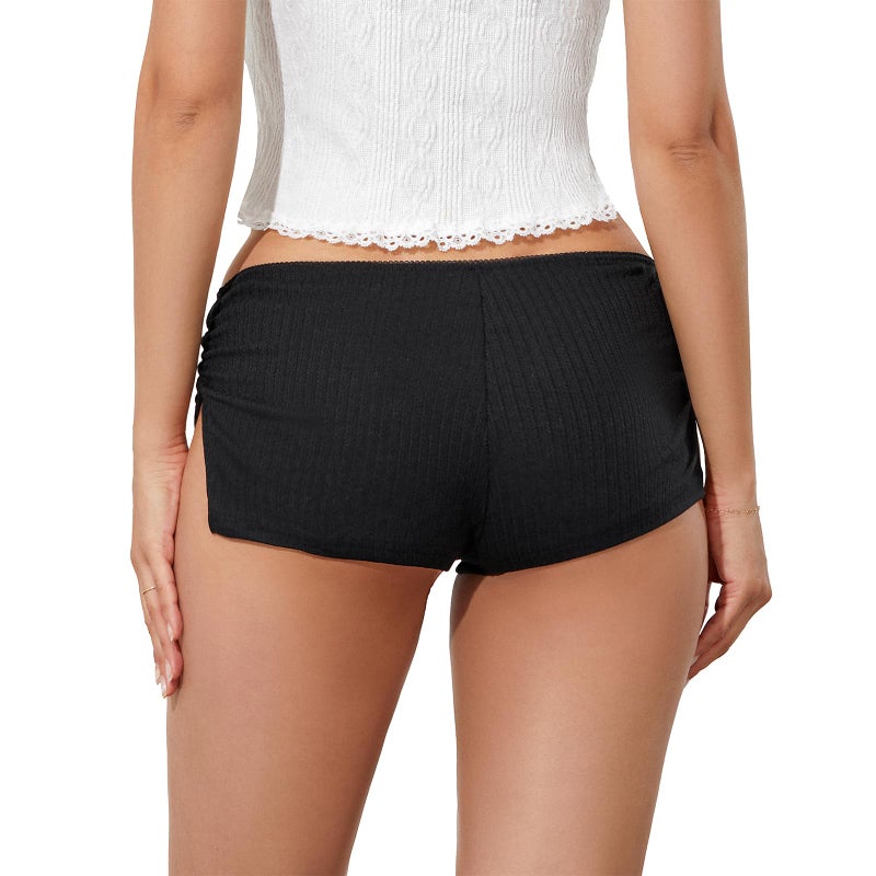 KMBANGI Y2k Sexy Micro Shorts for Women Low Waist Side Slit Mini Boyshorts Slim Pajamas Shorts Lounge Pjs Bottoms Sleepwear(Cute Black,M) - Image 5