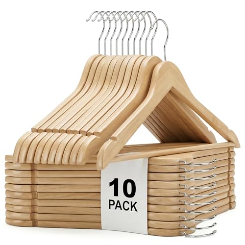 VERAT Wooden Hangers for Clothes Heavy Duty Wooden Coat Hangers with Notches & Pant Bar, 360 Degree Swivel Hook, Clothes Hangers Durable Wardrobe Hangers for Suits & Jackets (D-Brown, 10 pcs) - Image 1